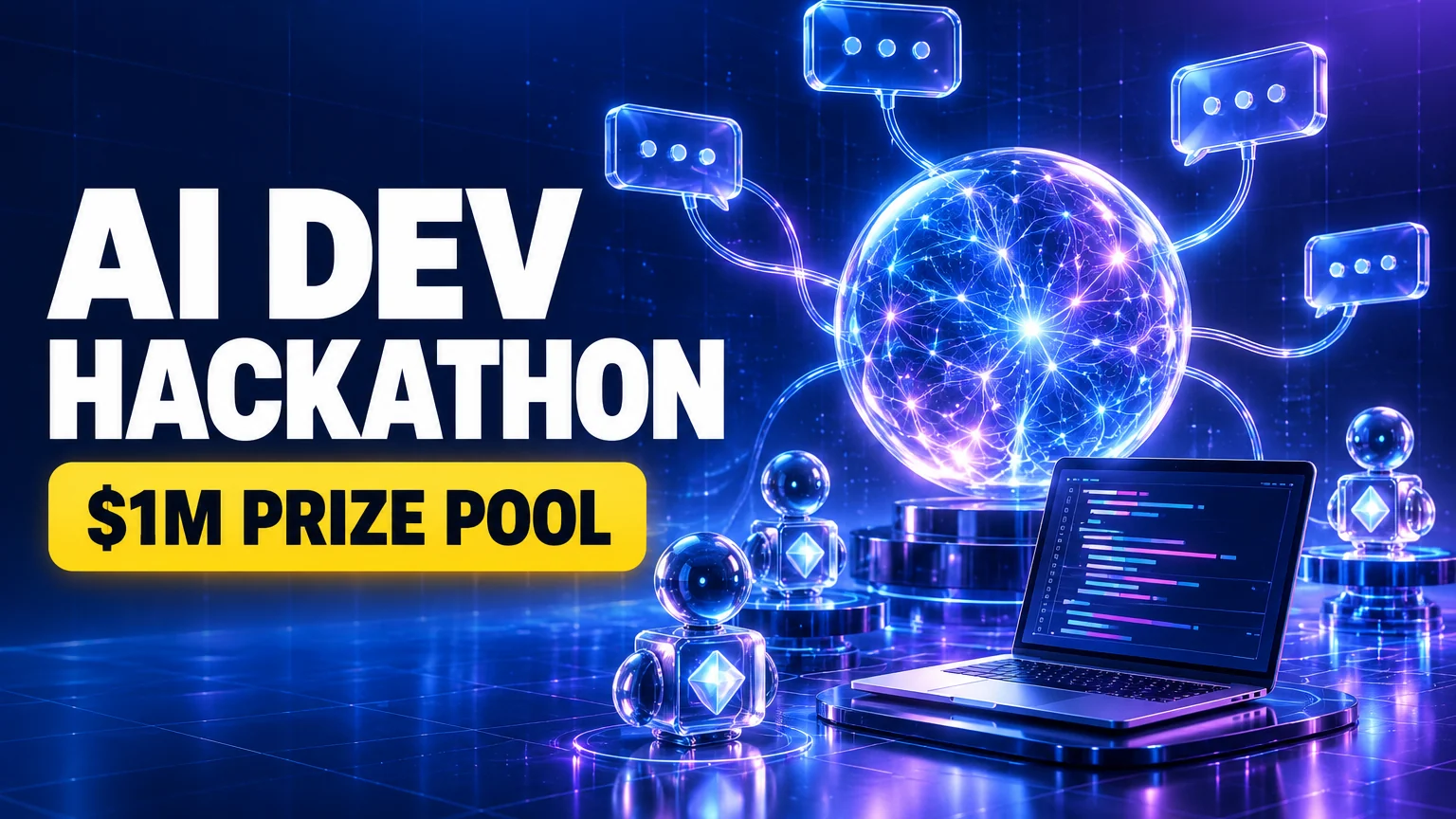 Meta AI Developer Hackathon 2026 hero: AI DEV HACKATHON text and a $1M prize pool tag beside a glowing AI sphere, chat bubbles, small robot agents and a laptop showing code