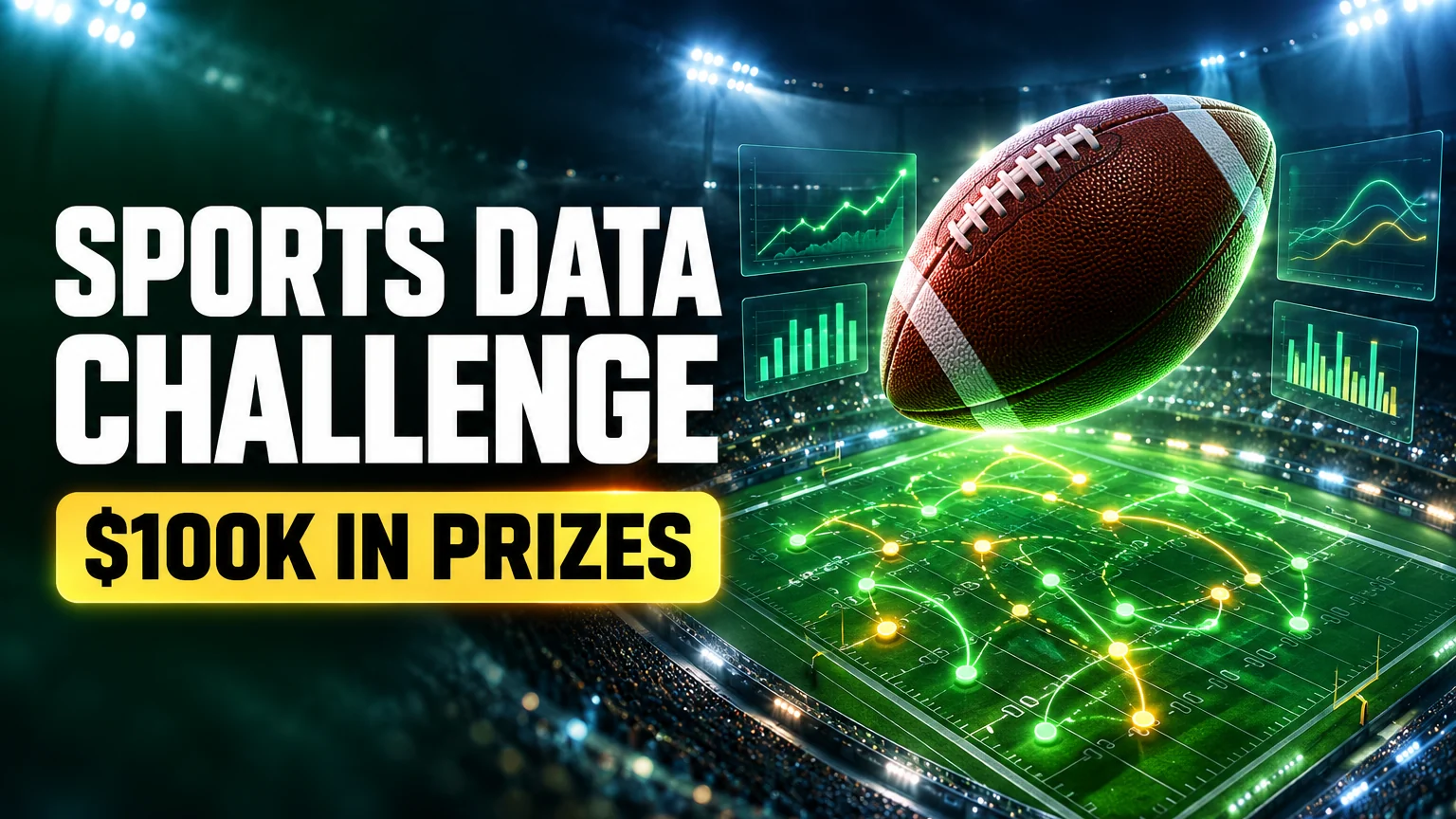 NFL Big Data Bowl 2027 guide illustration: player tracking dots tracing a receiver route on a football field beside an analysis chart