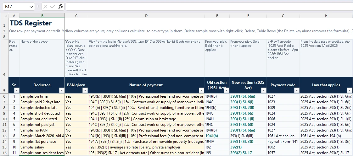 TDS register in the TDS interest calculator Excel with the nature of payment, old 1961 Act section, new 2025 Act section, payment code and the law that applies