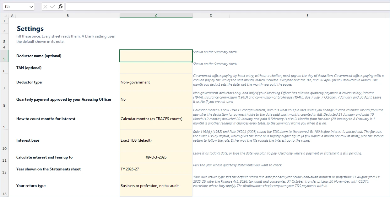 Settings sheet of the TDS interest calculator Excel: deductor type, quarterly payment, month counting, interest base and return type