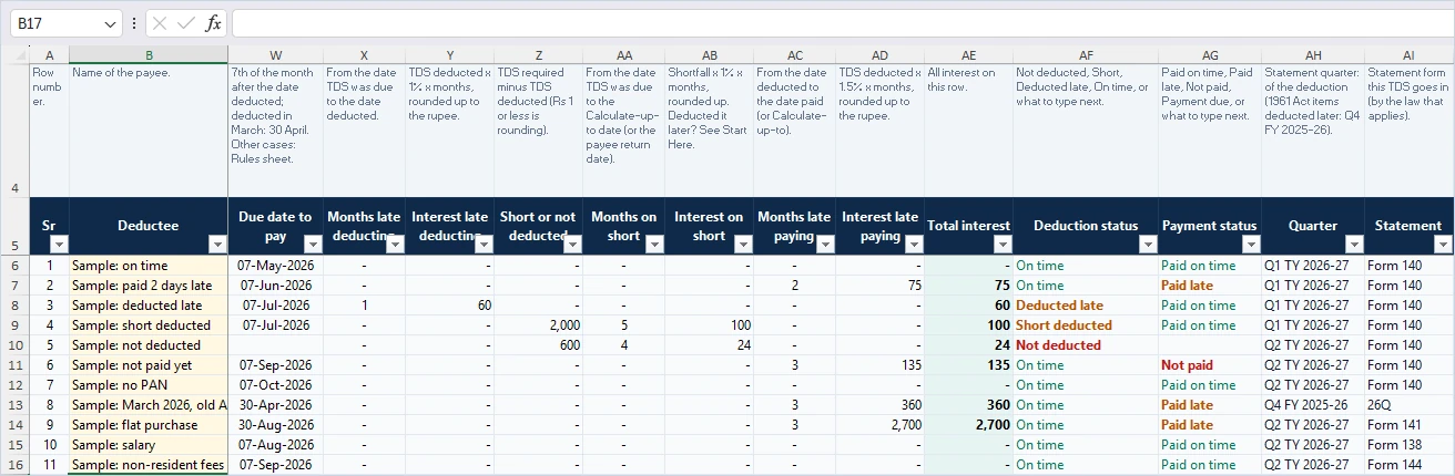 Interest columns in the TDS interest calculator Excel: months late, interest for late deduction of TDS and for late payment of TDS, and statuses