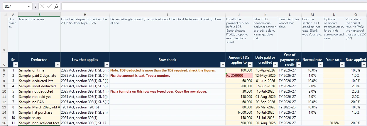 Row check column in the TDS register flagging an amount typed as text, a formula typed over and TDS deducted above the TDS required